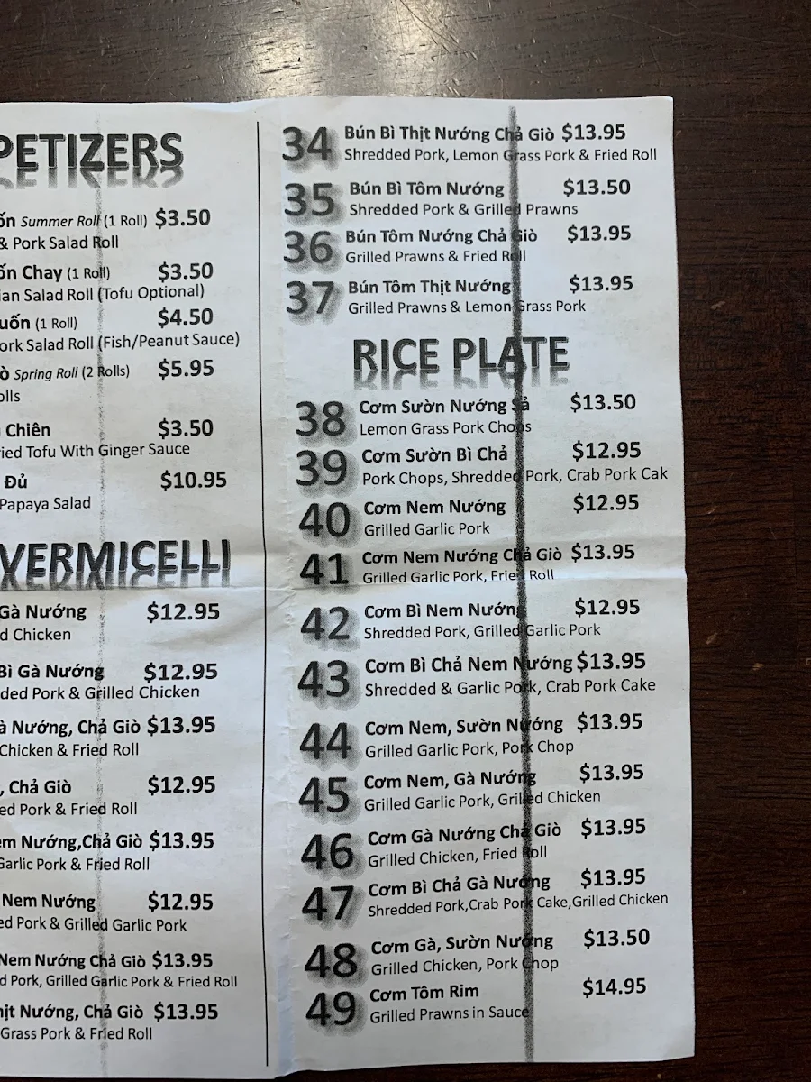 Menu, Pho Vuong Restaurant - Duncan