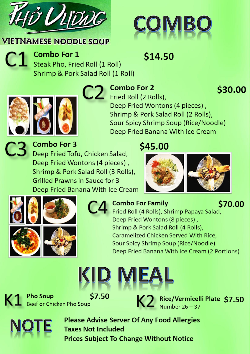 Menu, Pho Vuong Restaurant - Duncan