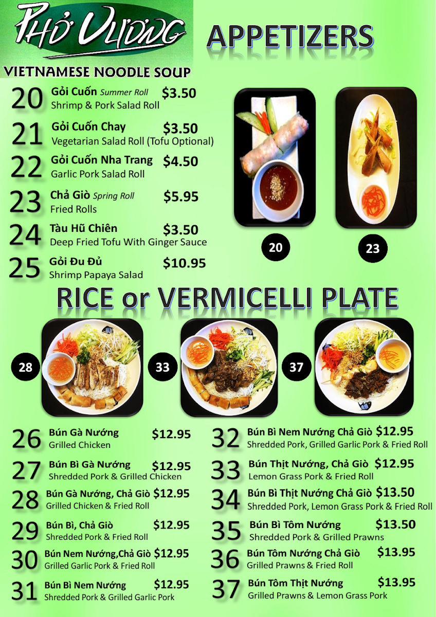 Menu, Pho Vuong Restaurant - Duncan