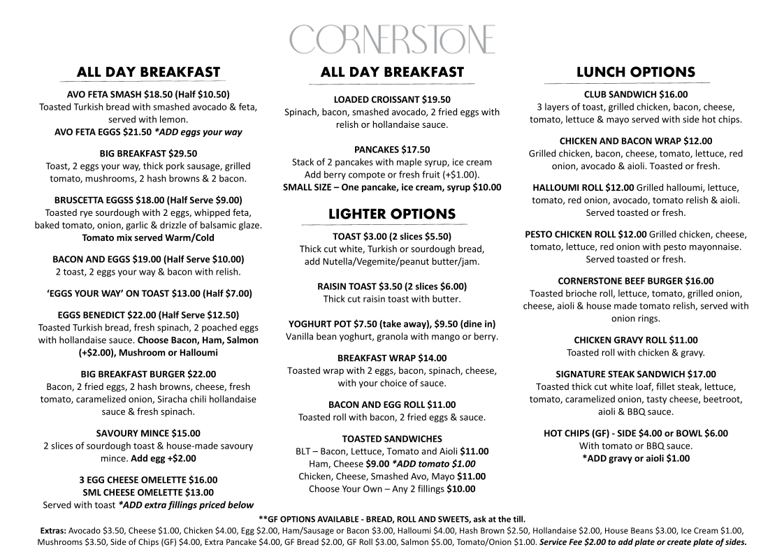 Menu, Cornerstone Cafe