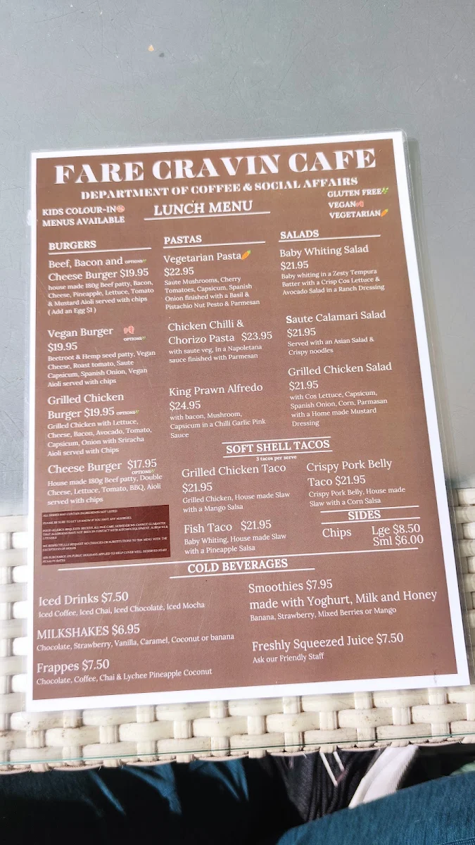 Menu, Fare Cravin' cafe
