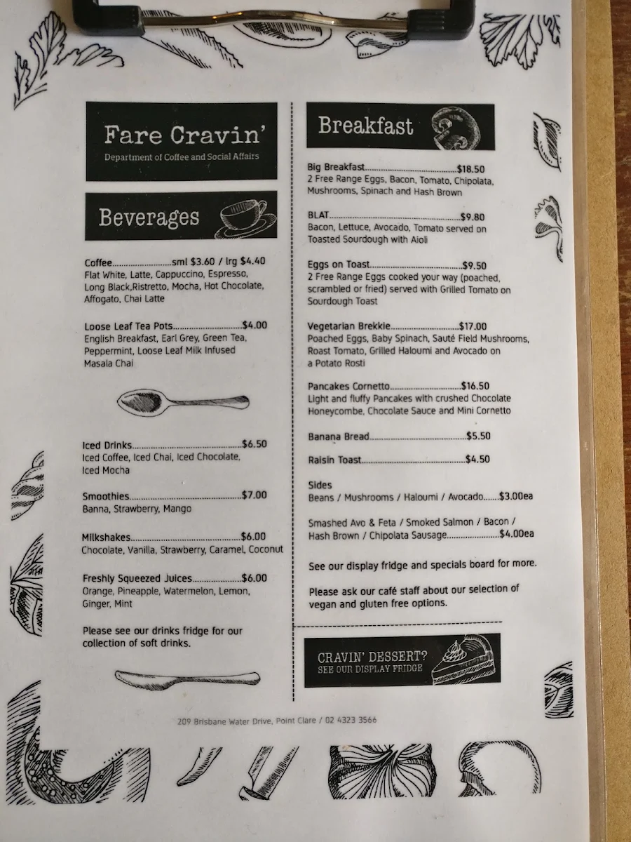 Menu, Fare Cravin' cafe