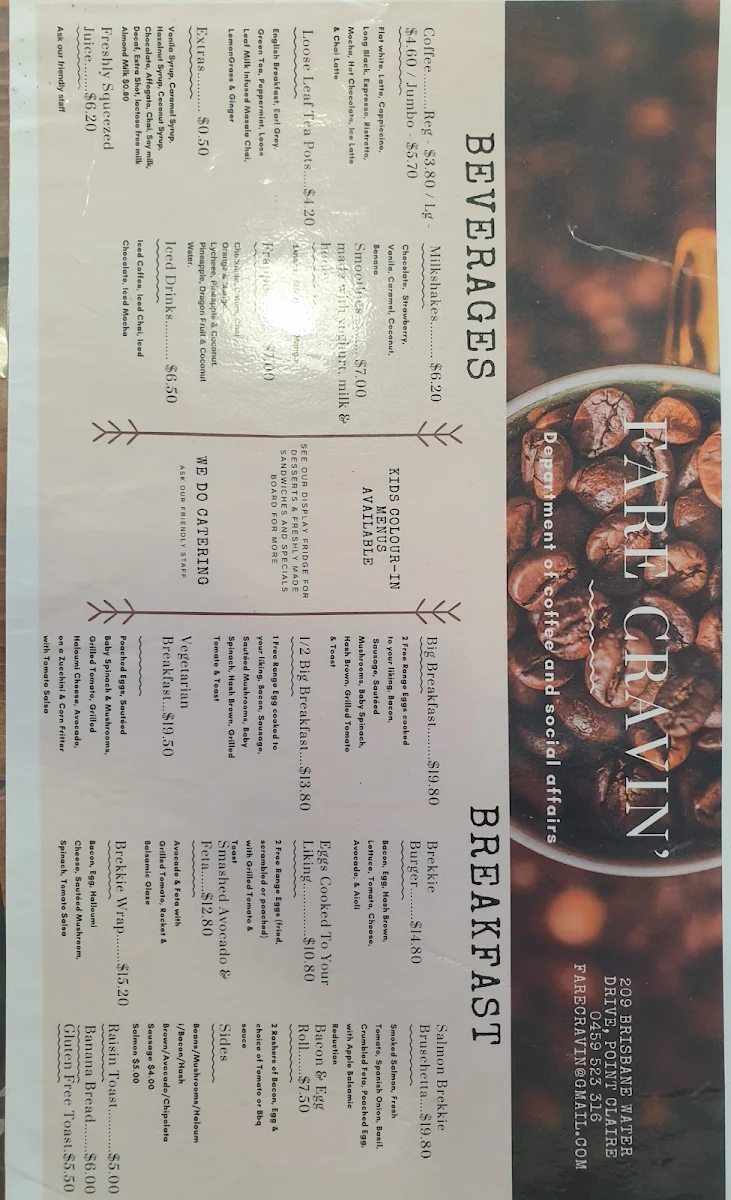 Menu, Fare Cravin' cafe