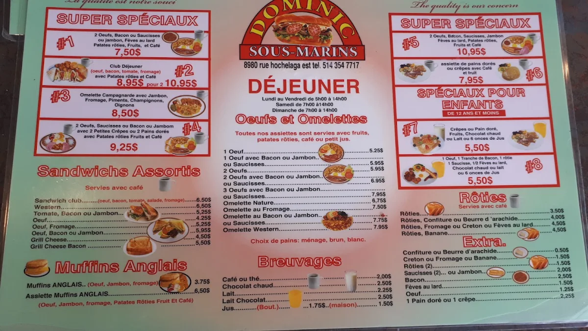 Menu, Dominic Sous-Marins Hochelaga