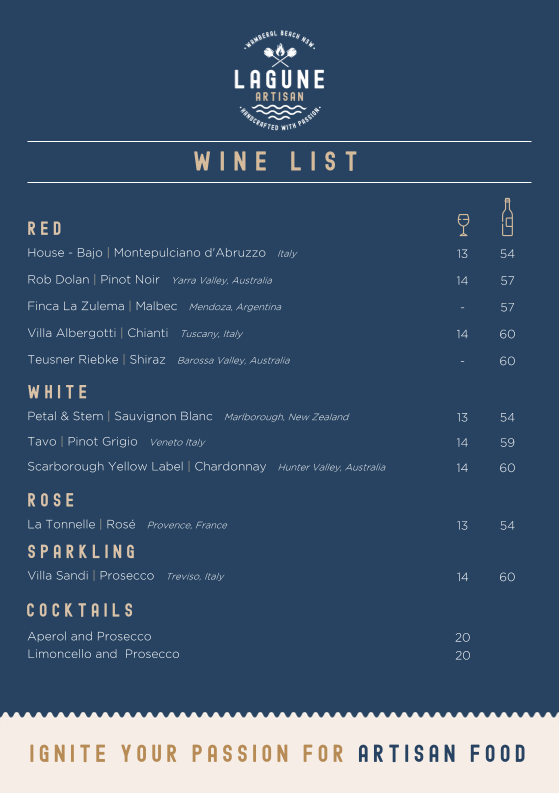 Menu, Lagune Artisan