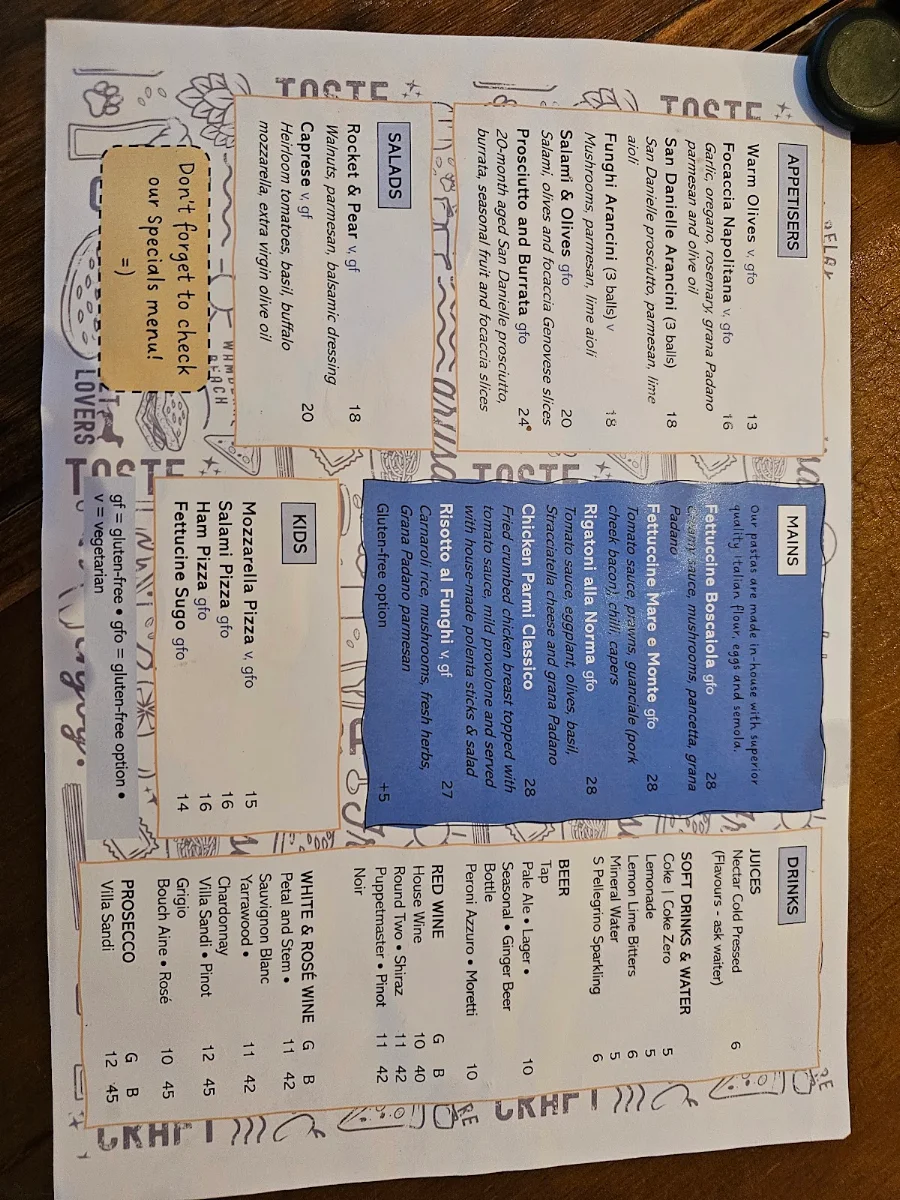 Menu, Lagune Artisan
