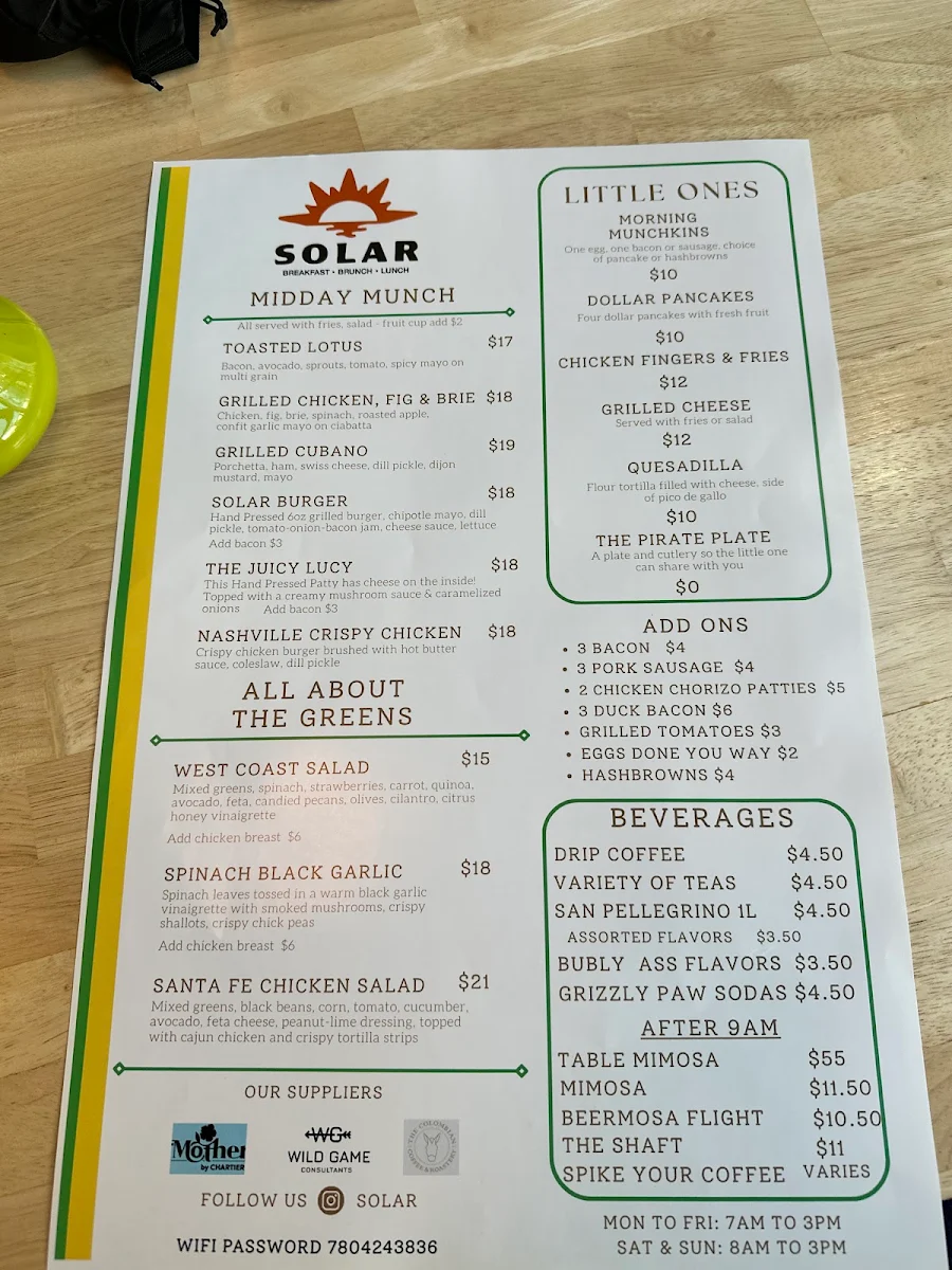 Menu, Solar Brunch
