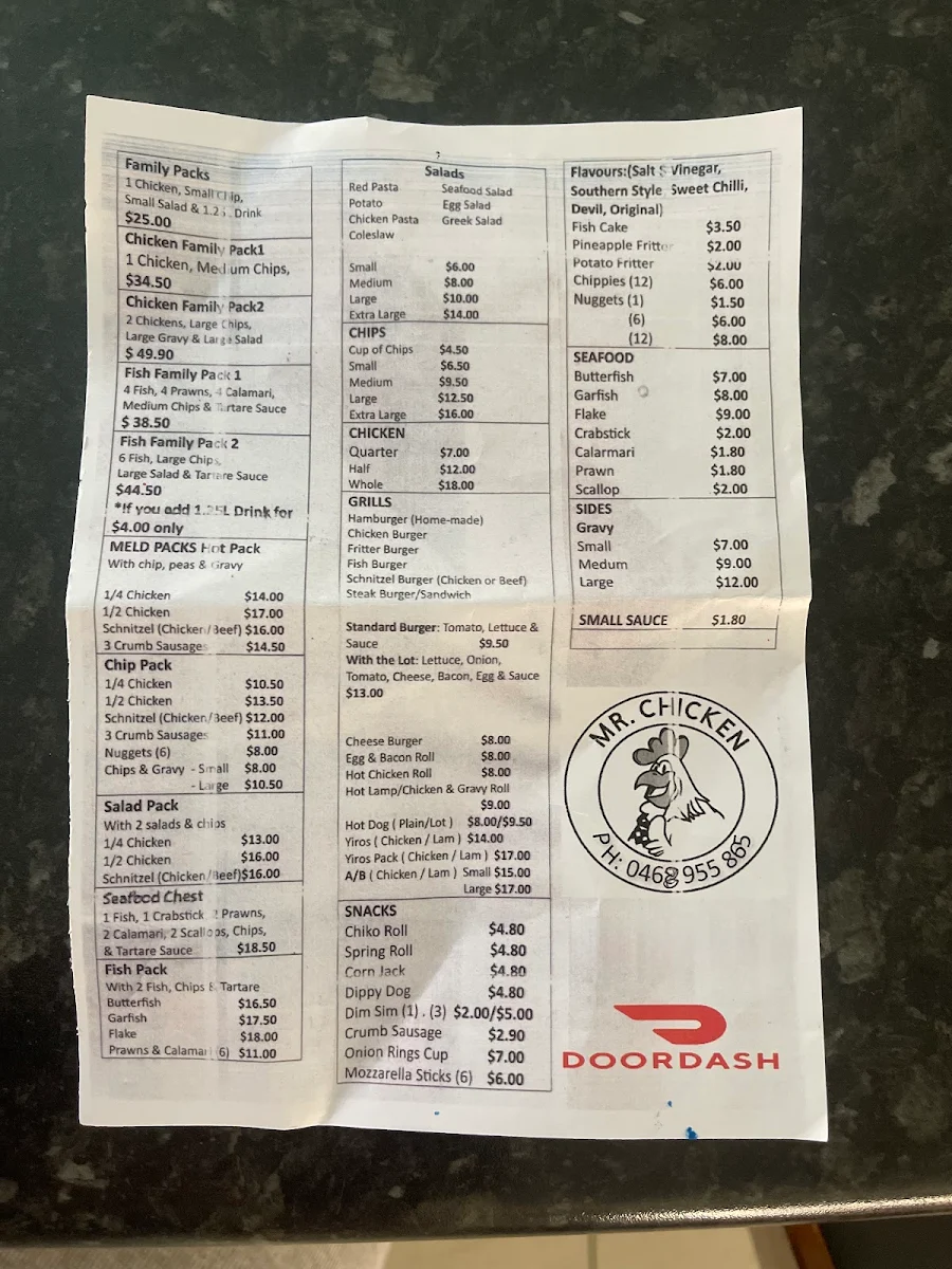 Menu, Mr chicken Parafield gardens