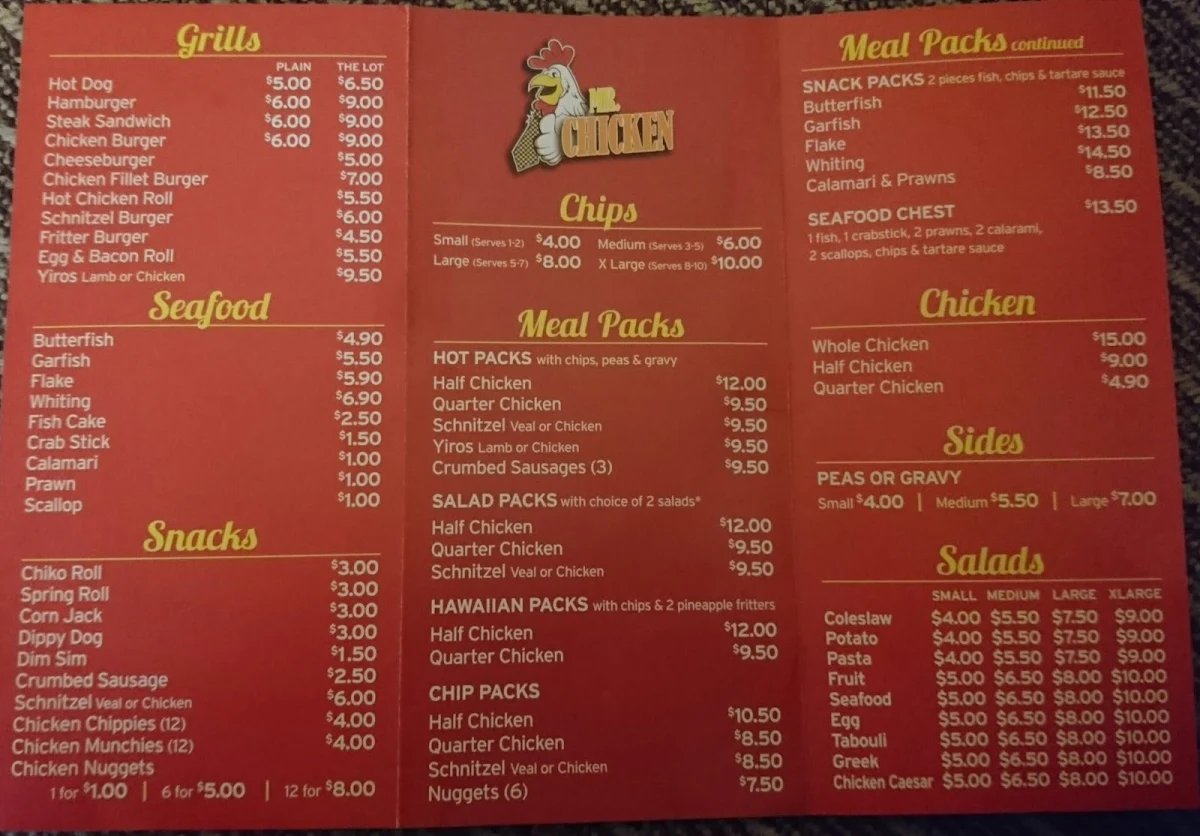 Menu, Mr chicken Parafield gardens