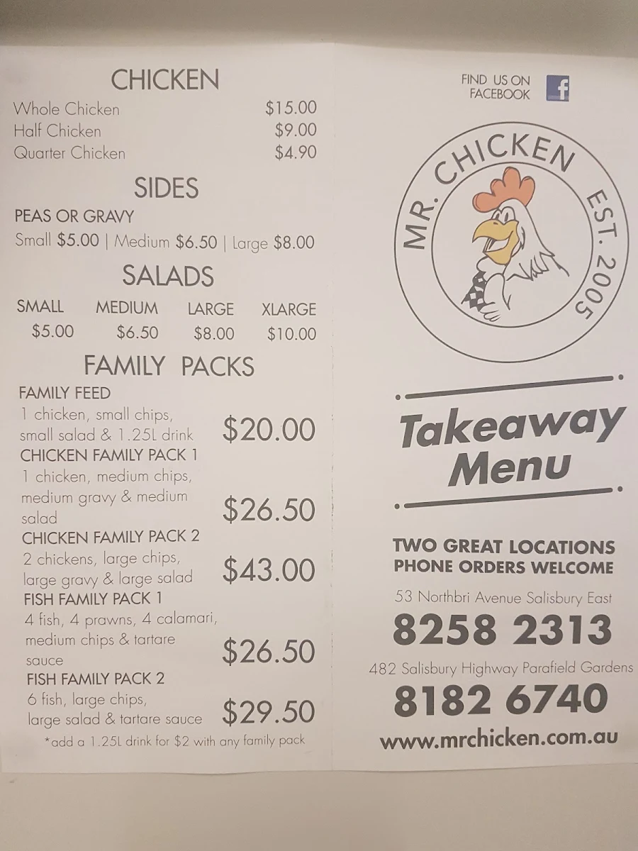 Menu, Mr chicken Parafield gardens
