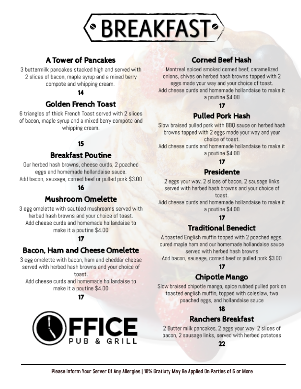 Menu, The Office Pub & Grill