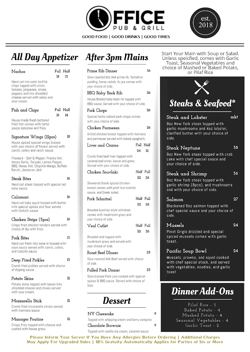 Menu, The Office Pub & Grill