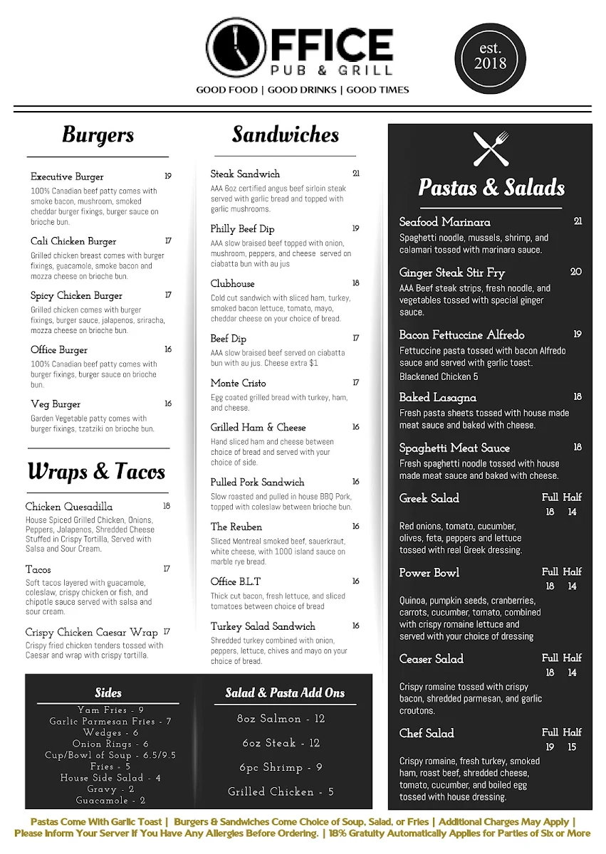 Menu, The Office Pub & Grill