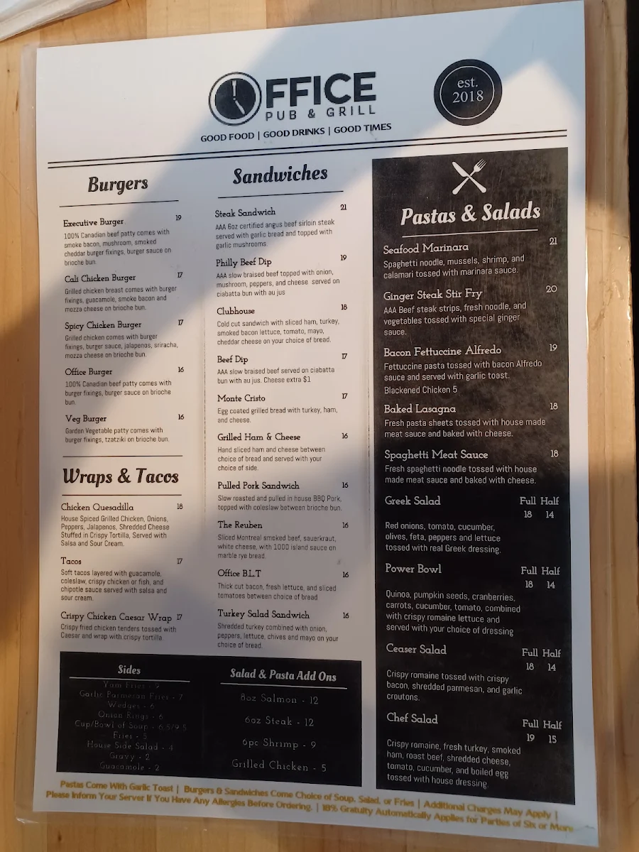 Menu, The Office Pub & Grill