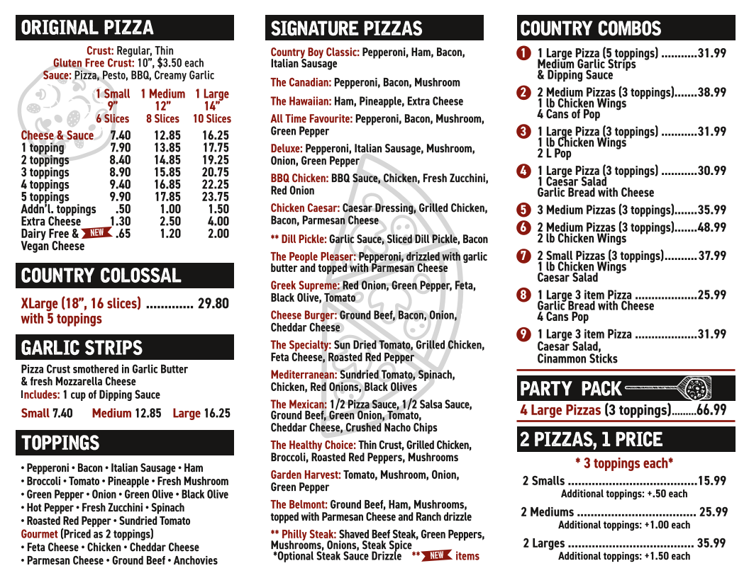 Menu, BELMONT Country Pizza