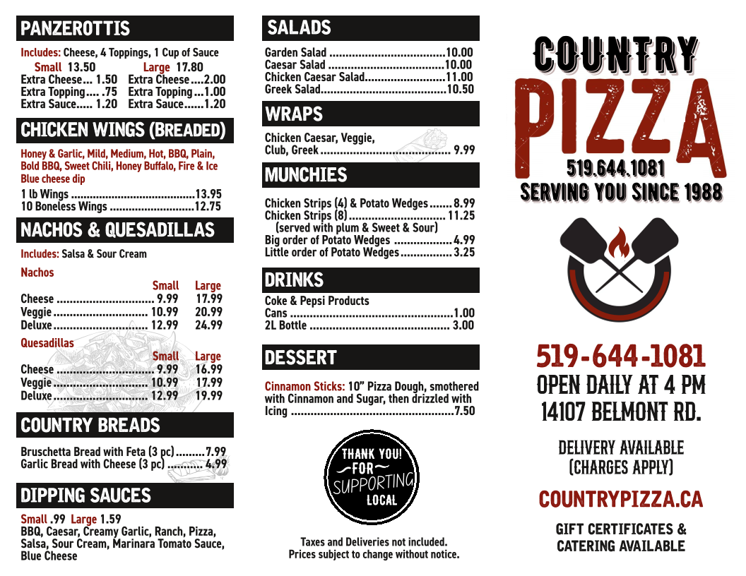 Menu, BELMONT Country Pizza