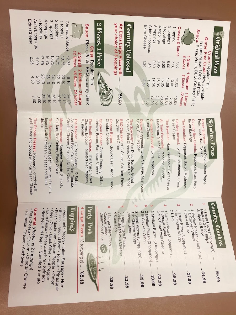 Menu, BELMONT Country Pizza