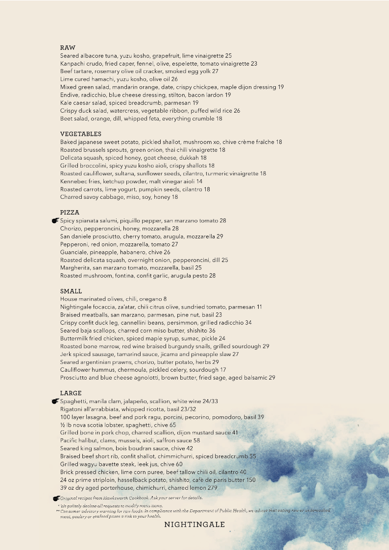 Menu, Nightingale