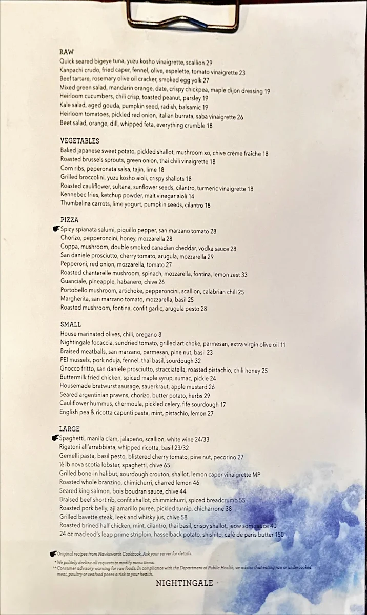 Menu, Nightingale