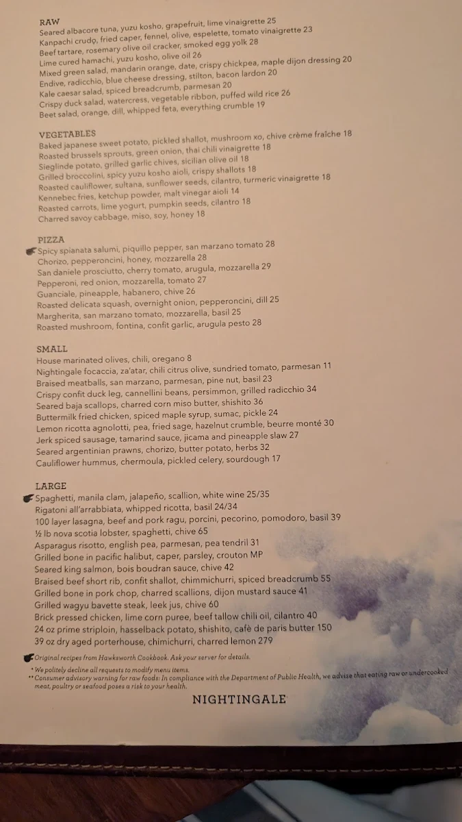 Menu, Nightingale