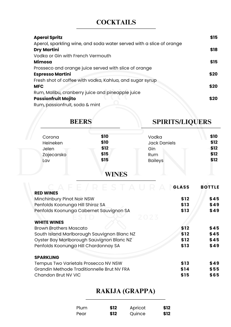 Menu, Divini Restaurant & Cafe