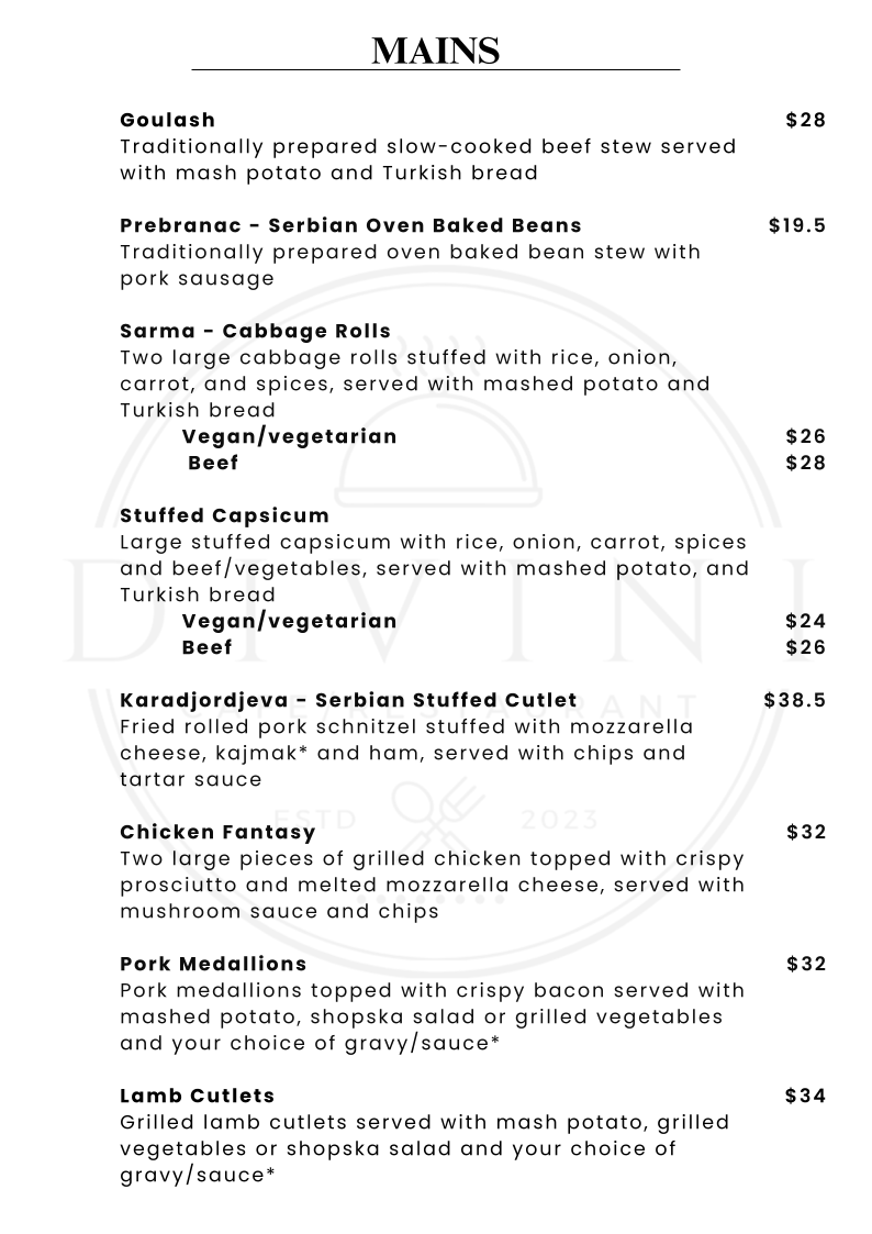 Menu, Divini Restaurant & Cafe