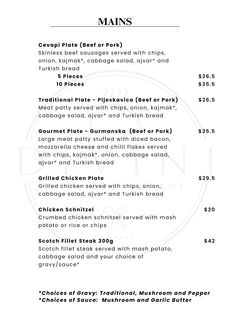 Menu, Divini Restaurant & Cafe