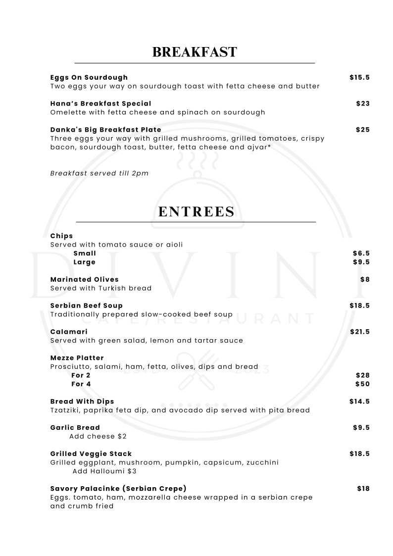 Menu, Divini Restaurant & Cafe