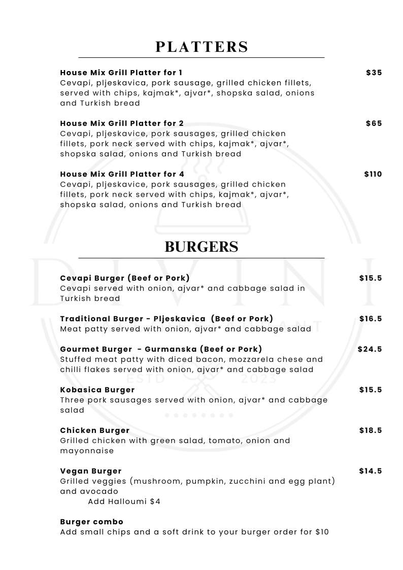 Menu, Divini Restaurant & Cafe