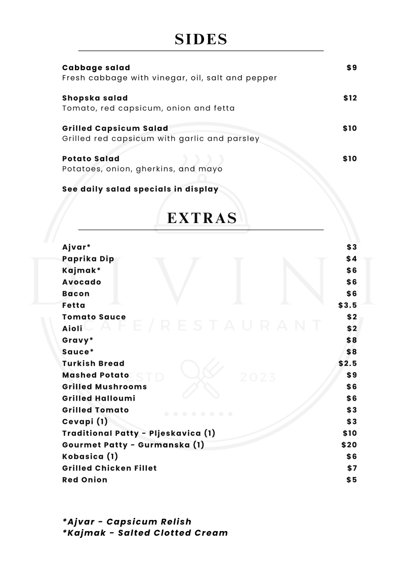 Menu, Divini Restaurant & Cafe