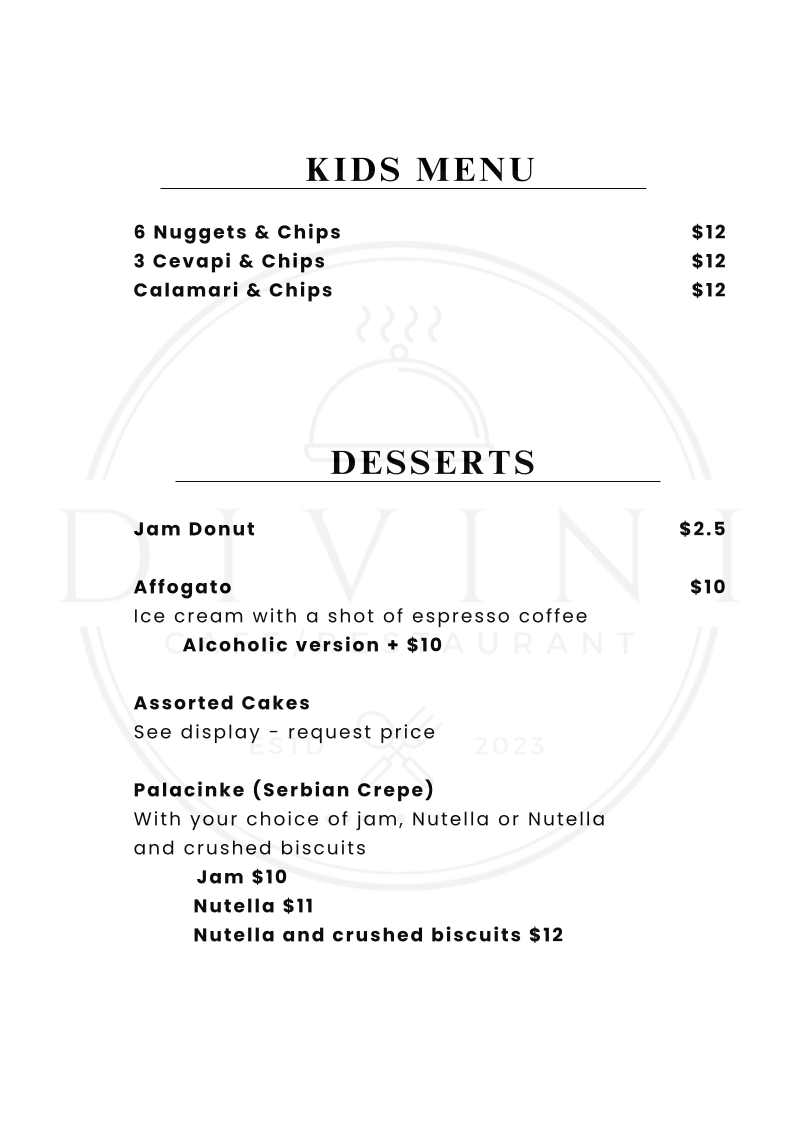 Menu, Divini Restaurant & Cafe