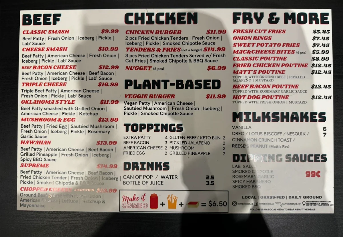 Menu, Matt’s Burger Lab Queen St W