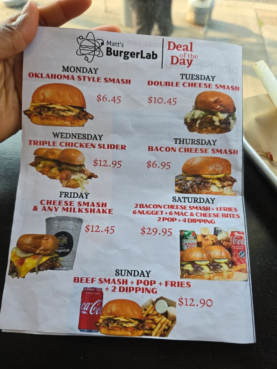 Menu, Matt’s Burger Lab Queen St W