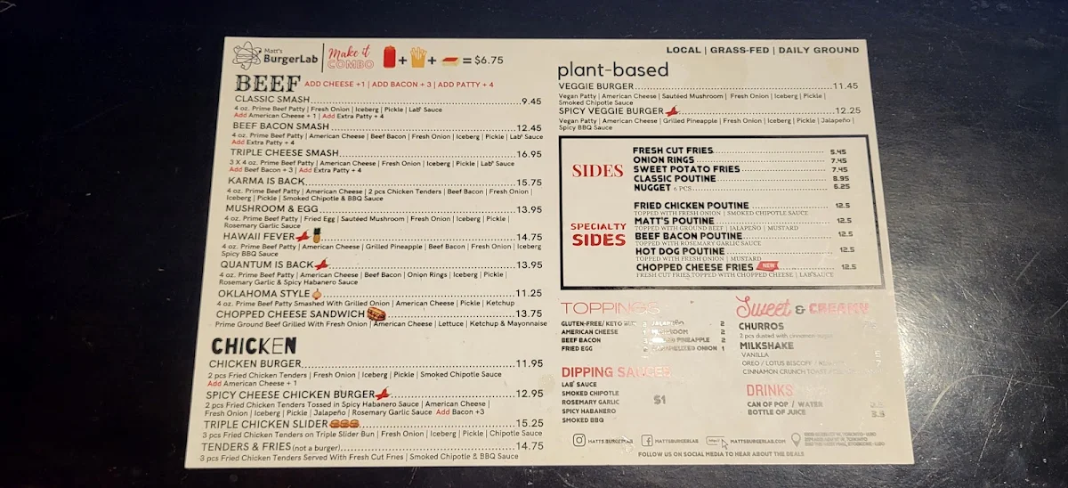 Menu, Matt’s Burger Lab Queen St W