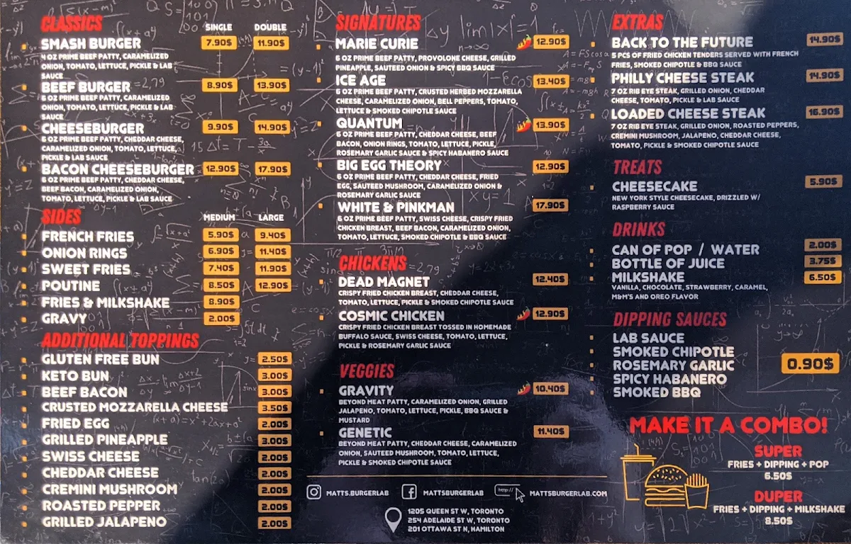 Menu, Matt’s Burger Lab Queen St W