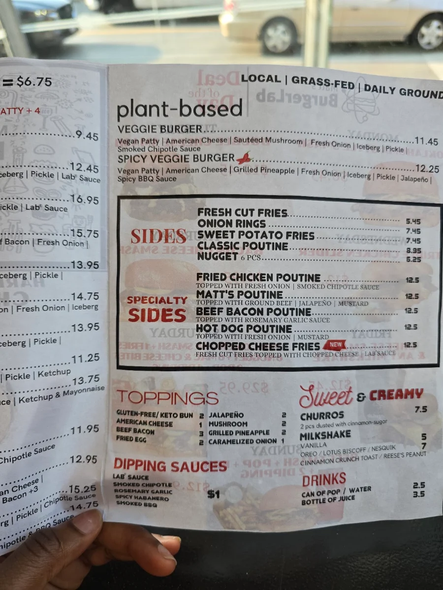 Menu, Matt’s Burger Lab Queen St W