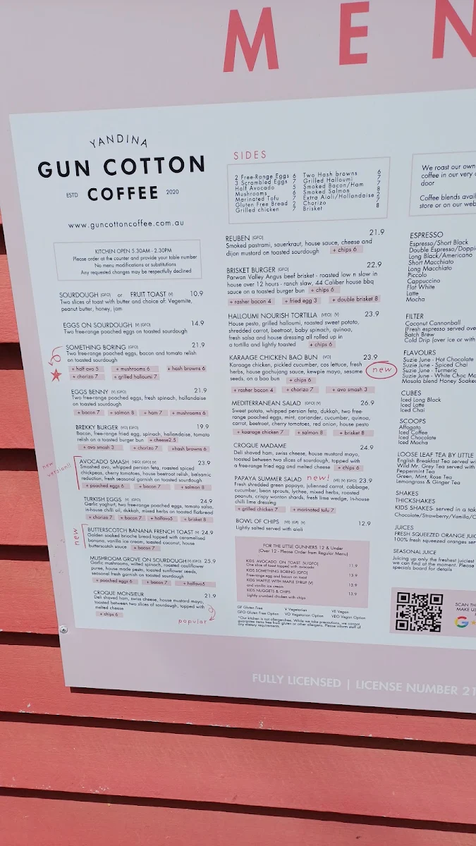 Menu, Gun Cotton Coffee Roasters