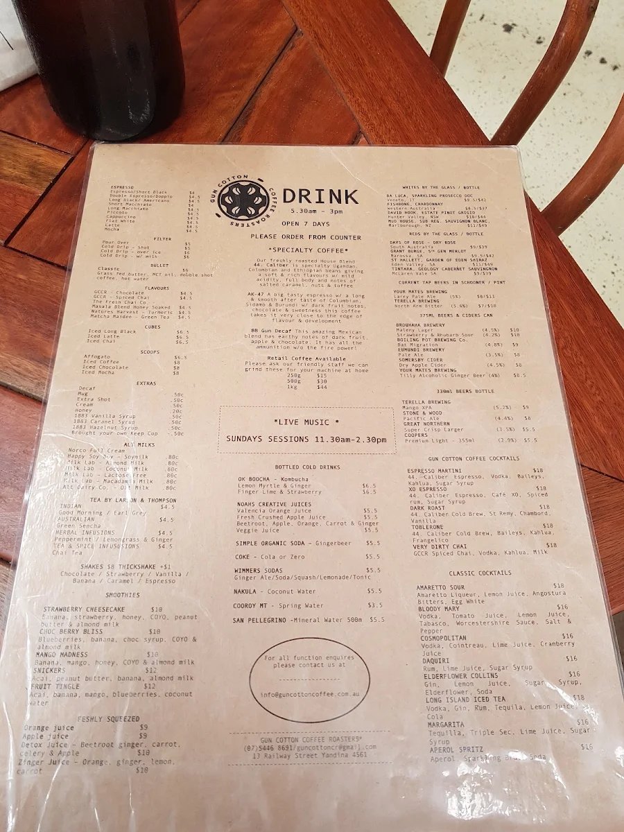 Menu, Gun Cotton Coffee Roasters