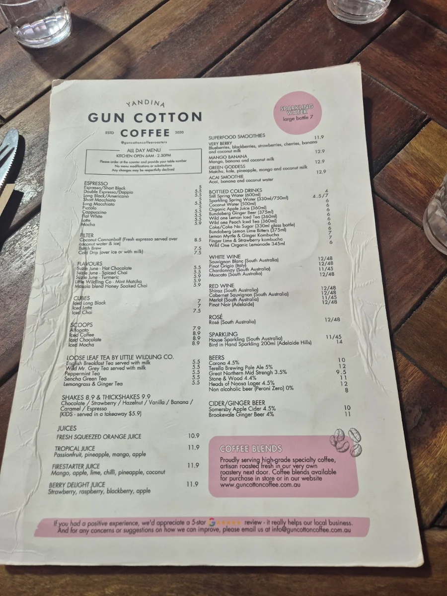 Menu, Gun Cotton Coffee Roasters