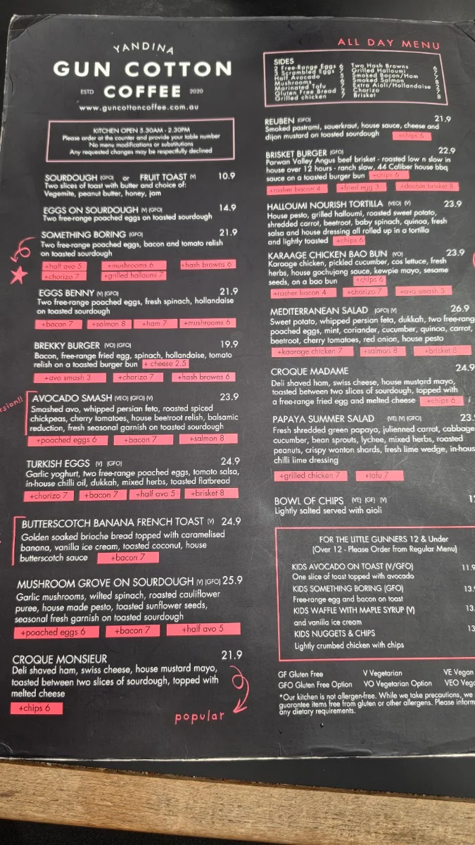 Menu, Gun Cotton Coffee Roasters