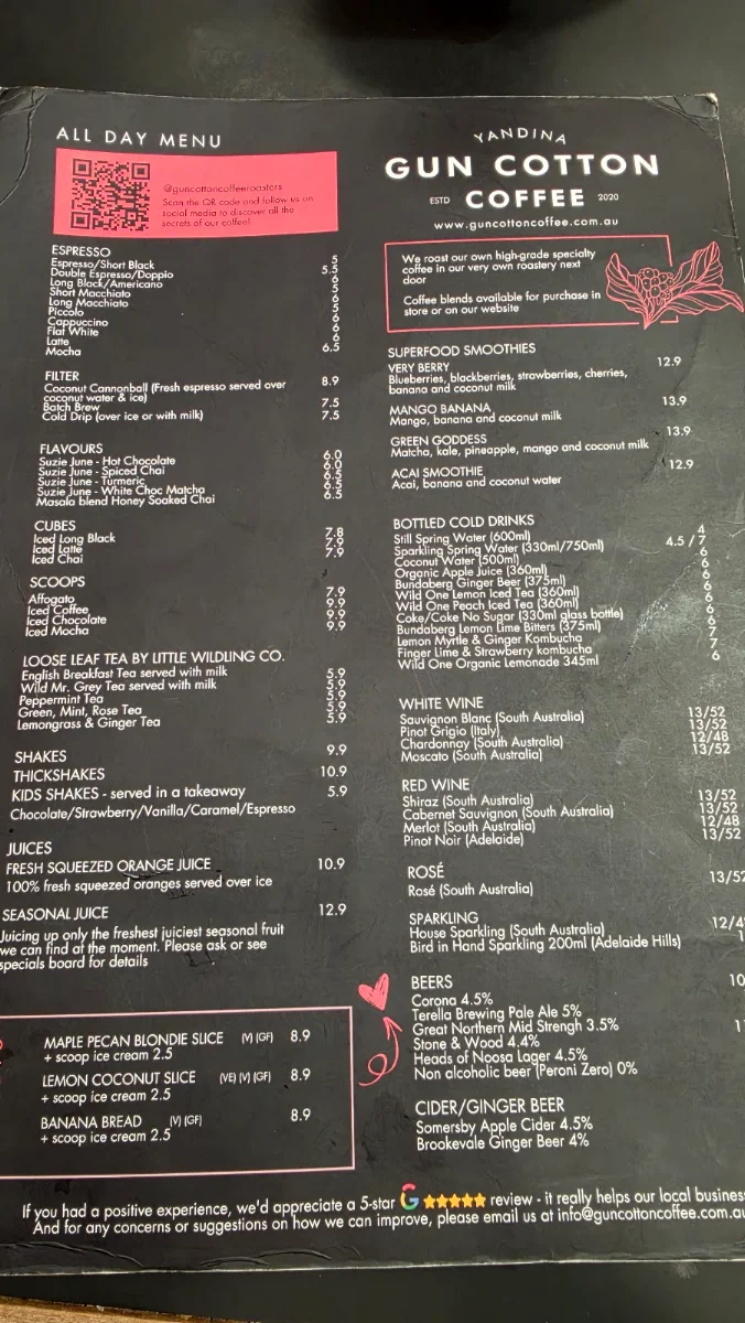 Menu, Gun Cotton Coffee Roasters
