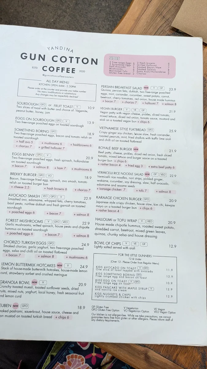 Menu, Gun Cotton Coffee Roasters
