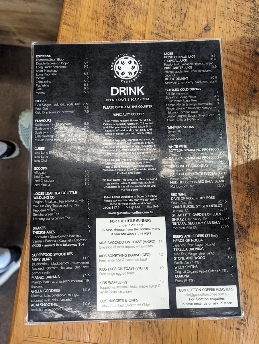 Menu, Gun Cotton Coffee Roasters
