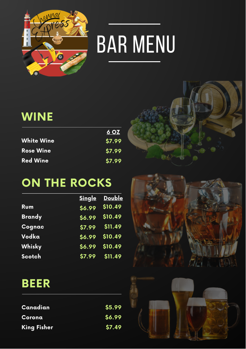 Menu, Chennai Express South Indian Kitchen & Bar