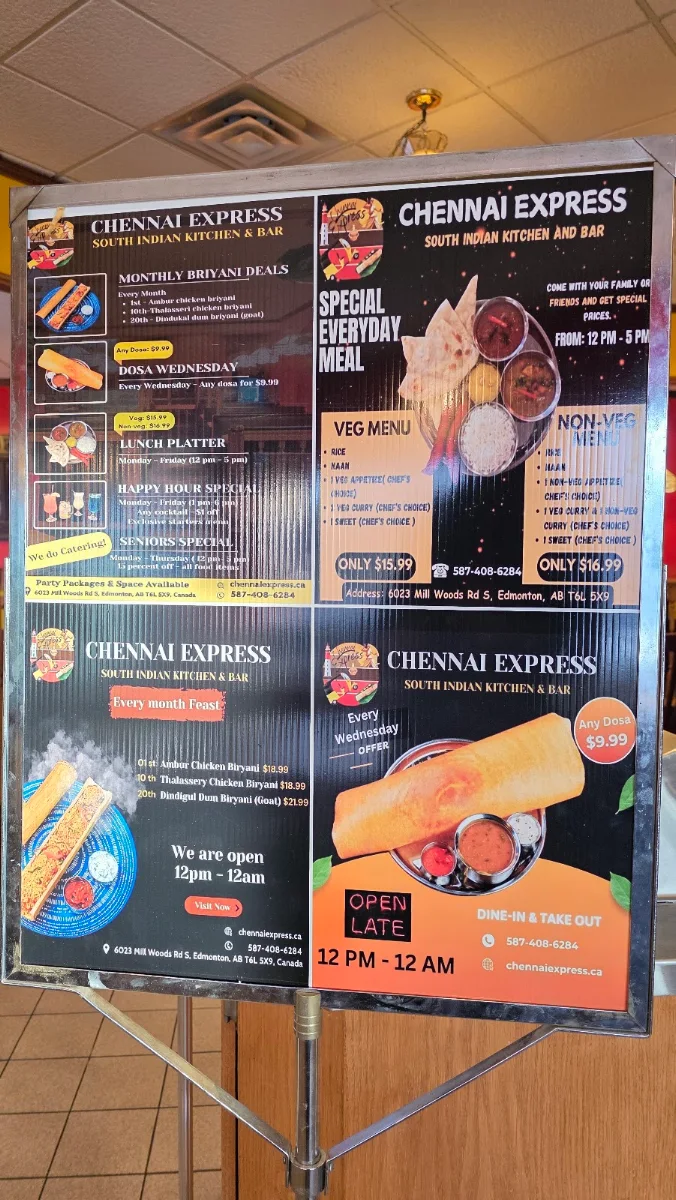 Menu, Chennai Express South Indian Kitchen & Bar