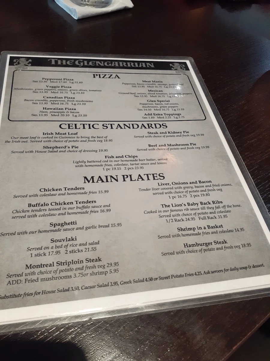 Menu, Glengarrian Pub & Restaurant