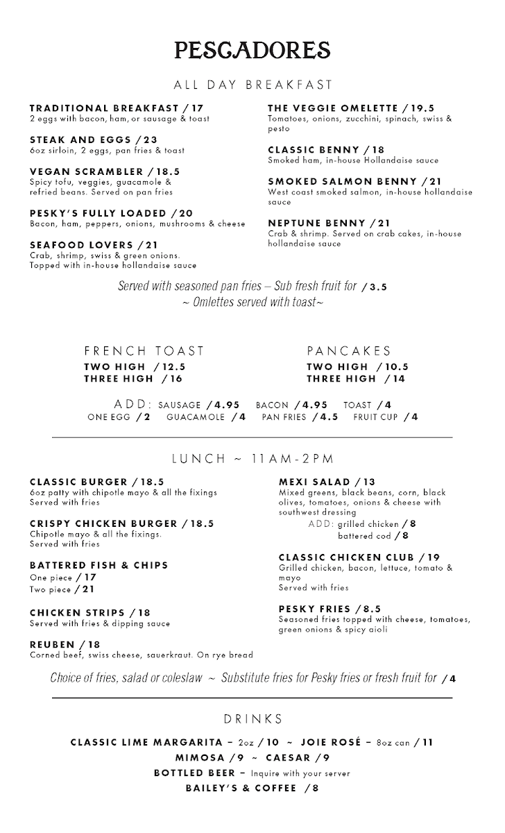 Menu, Pescadores Bistro