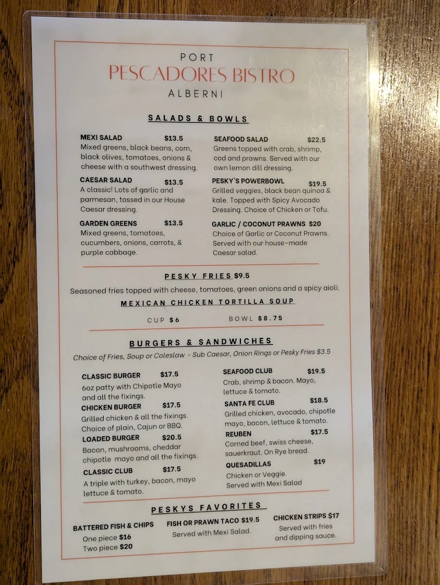 Menu, Pescadores Bistro