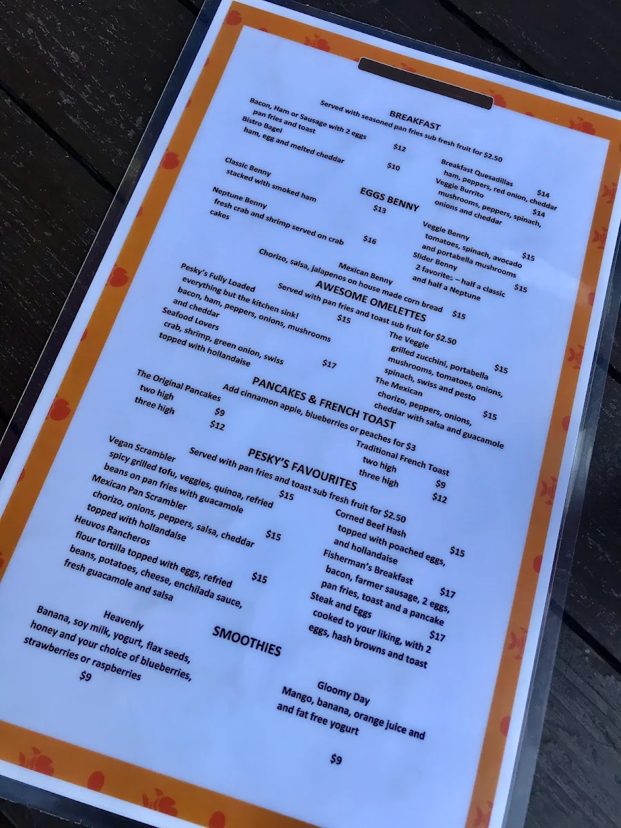 Menu, Pescadores Bistro
