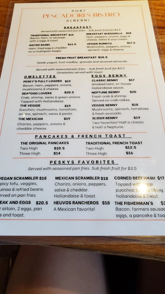 Menu, Pescadores Bistro